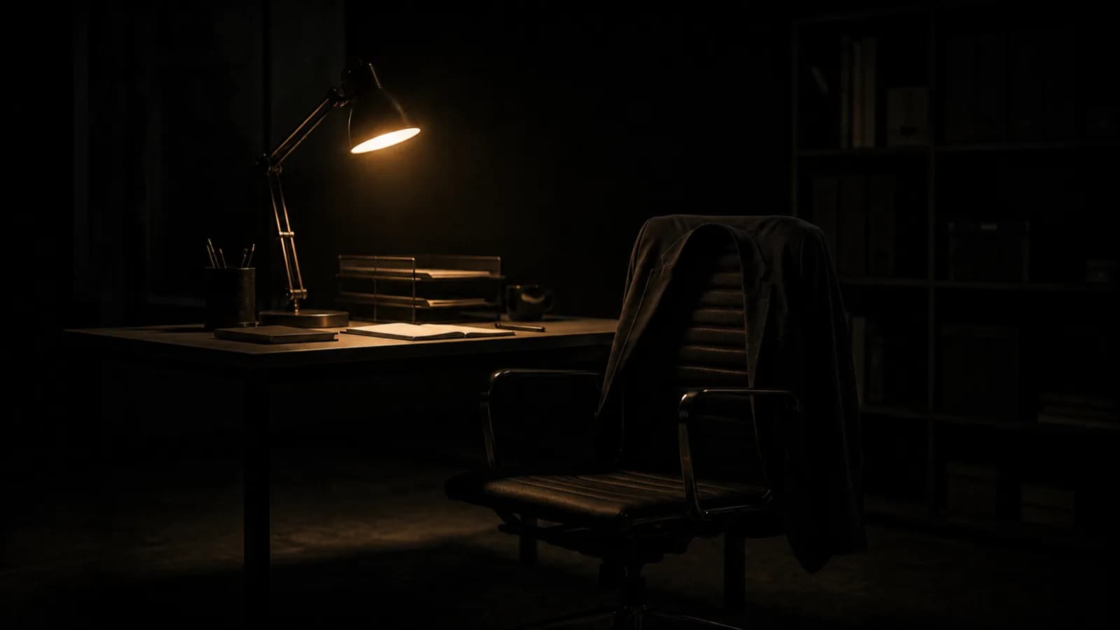 An empty chair at a lit desk in an otherwise dark studio, a jacket over the back