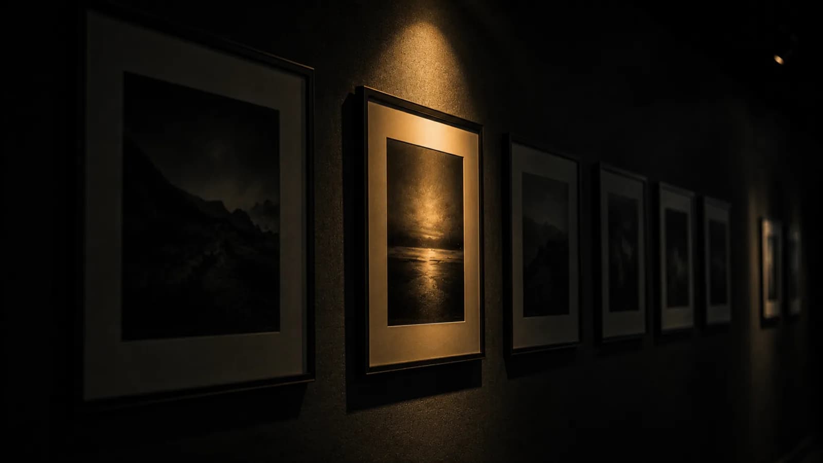 A dark wall of framed prints at a raking angle, one catching warm gold light from above
