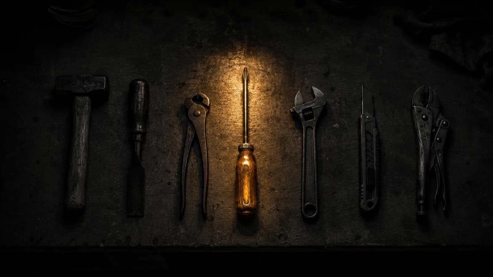 Seven workshop tools laid out on a dark bench, one lit by a single gold overhead lamp