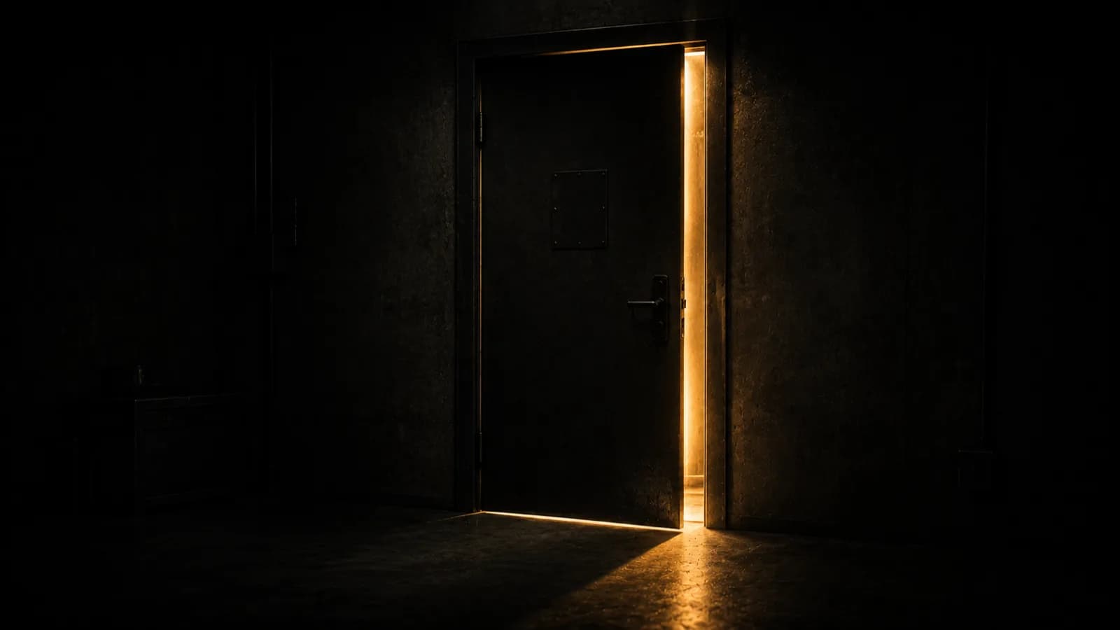 A heavy steel door slightly ajar in a dark room, warm gold light escaping through the gap