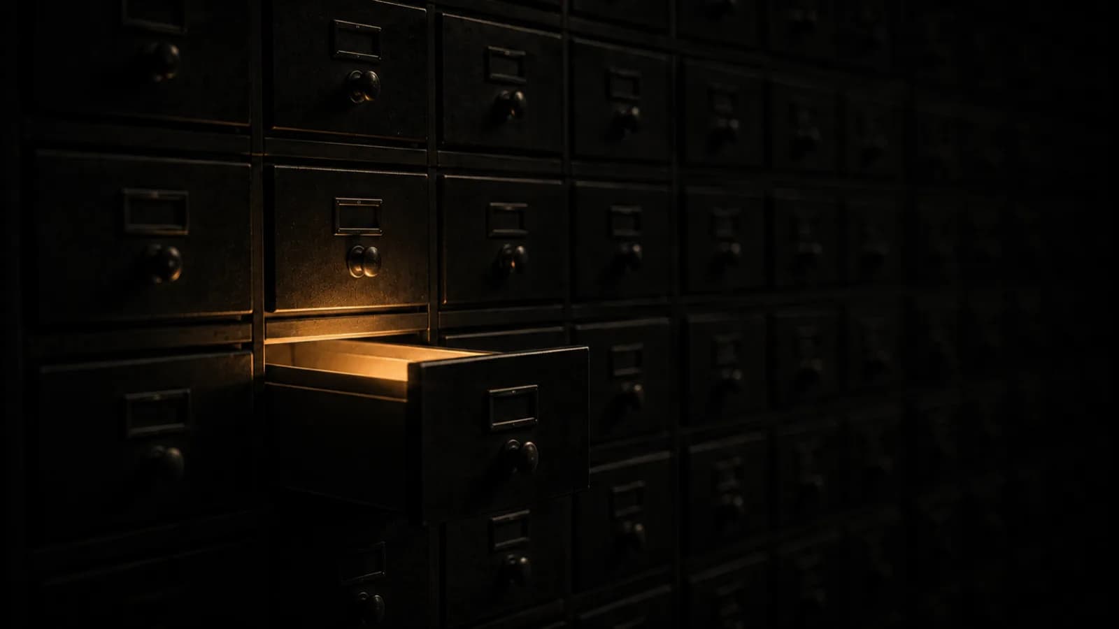 A dark wall of small identical drawers, one pulled open and glowing warm gold from inside