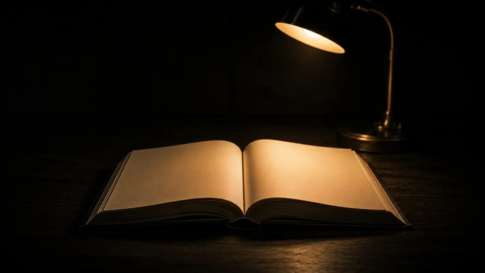 An open dictionary on a dark table under a single warm gold lamp