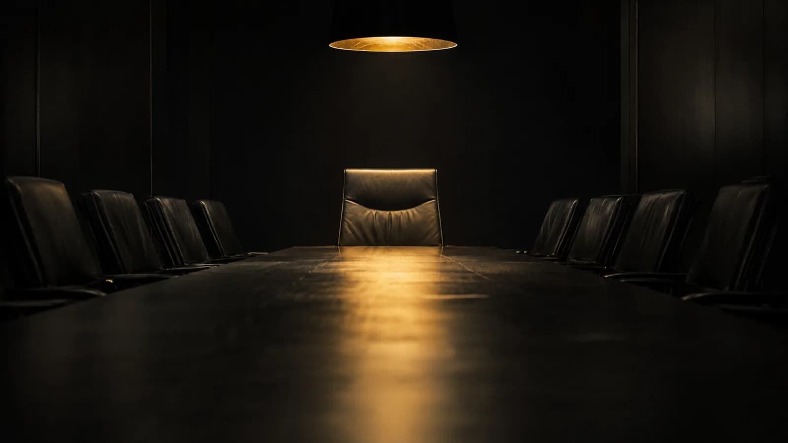 An empty chair at the head of a dark boardroom table, lit by a single gold pendant lamp