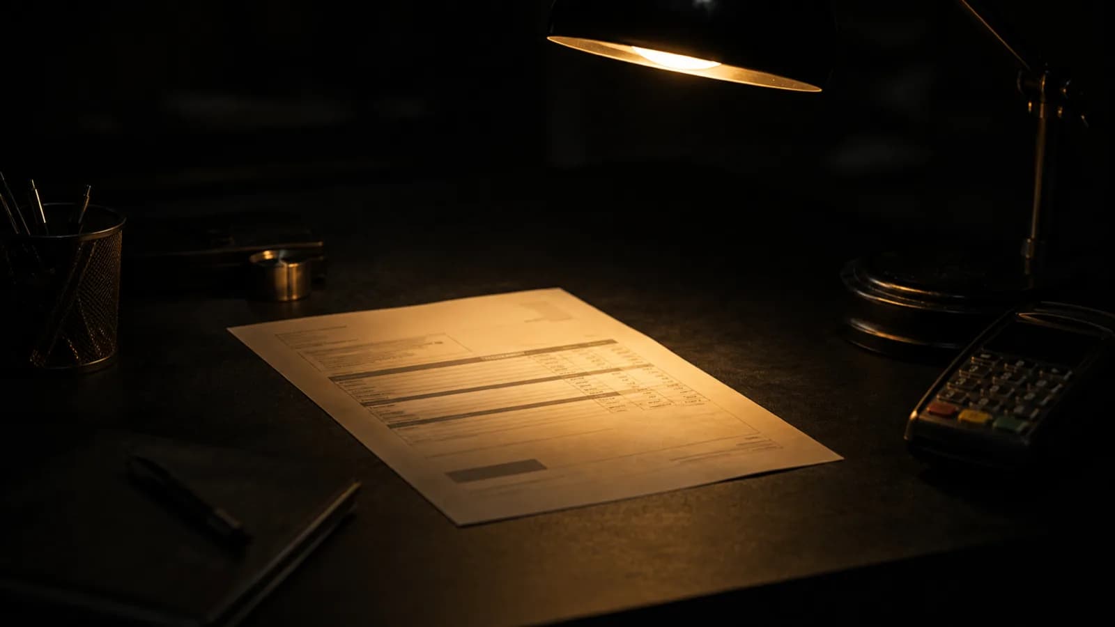 A single printed invoice lying flat on a dark desk under one warm gold lamp