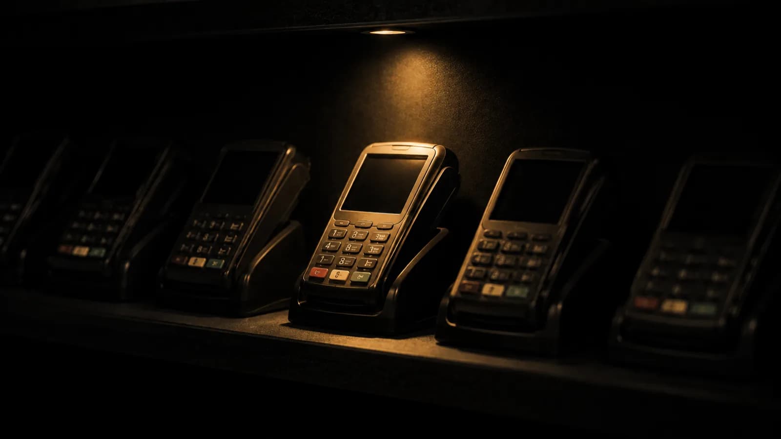 A dark rack of payment terminals, one lit by a warm gold spot from above