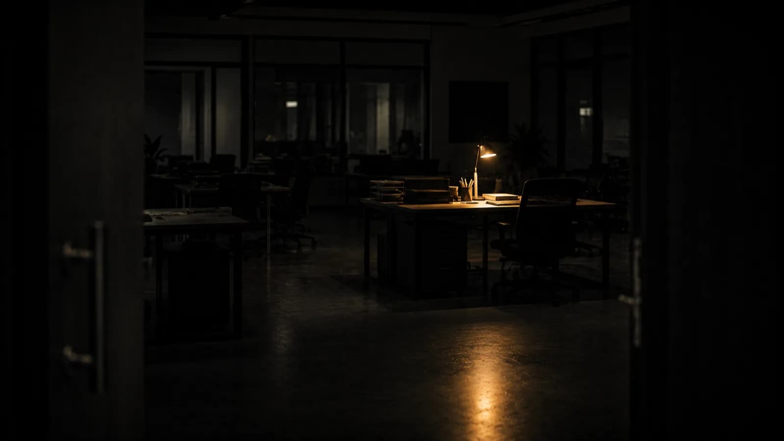 A dark studio floor at night, several empty desks with one lamp still lit