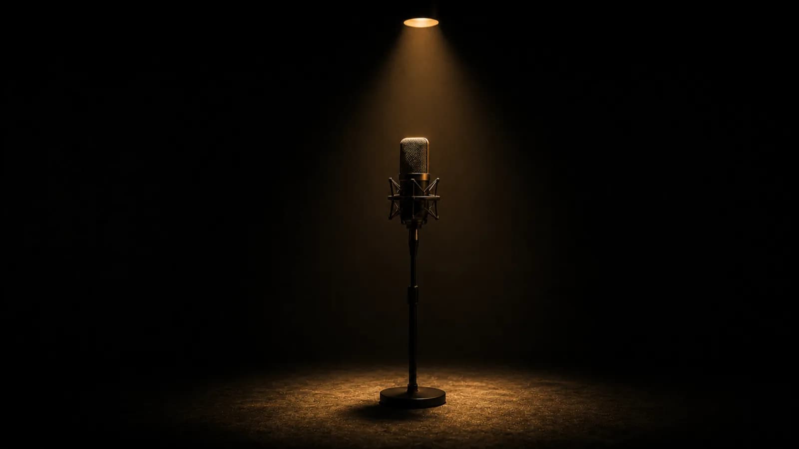 A single microphone on a stand lit by one warm gold spot in an otherwise dark room